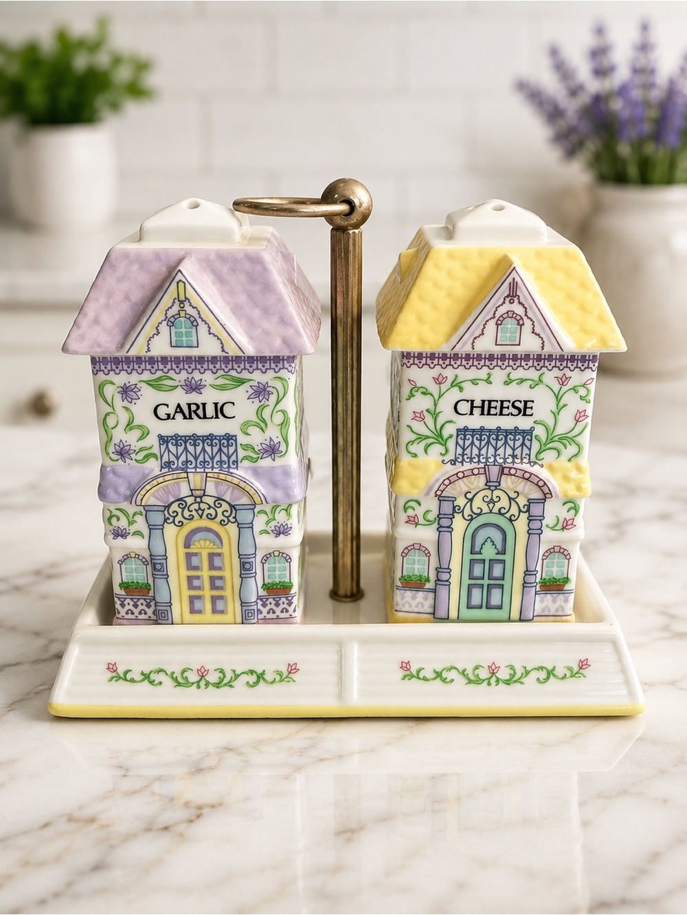 Lenox Spice Village Cheese & Garlic Shaker Set with Original Caddy 1993 Vintage